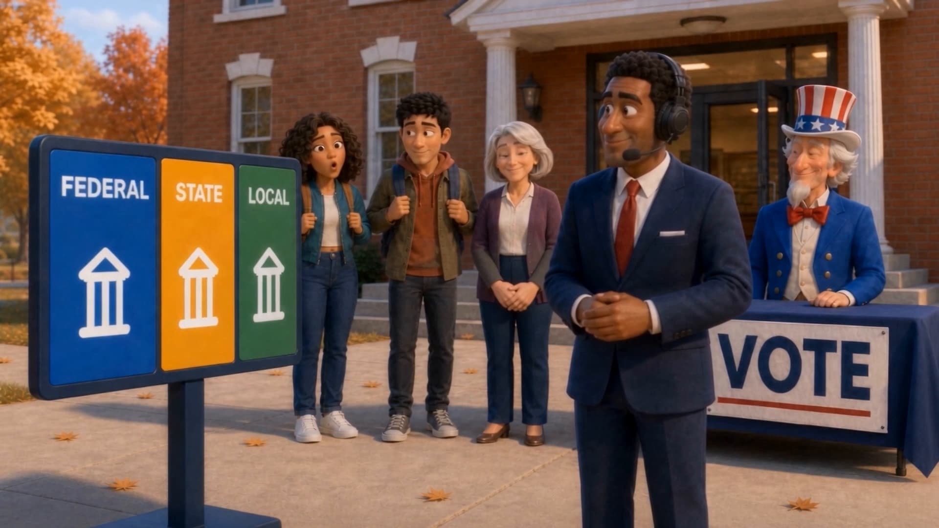 Characters at a voting table from Voting - It’s More Than Picking a President