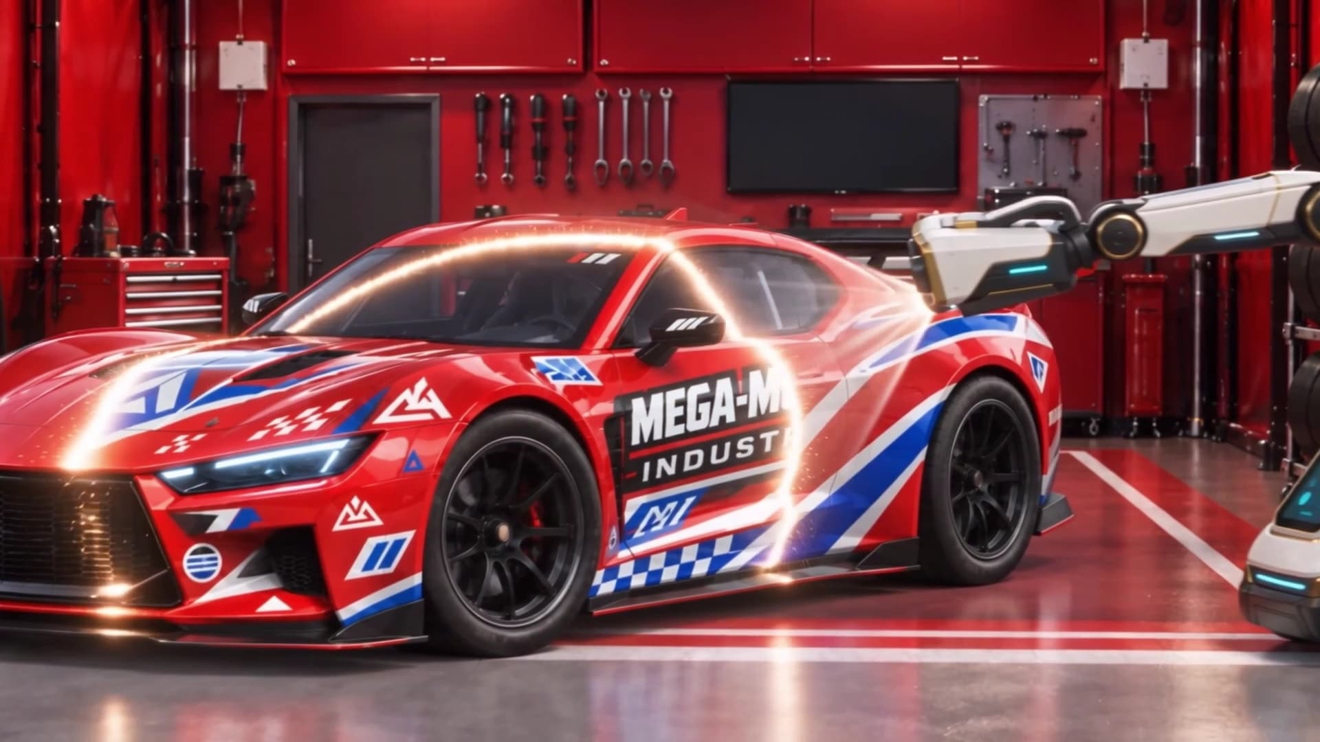 A racing car in a garage from Election Races: Follow the Money
