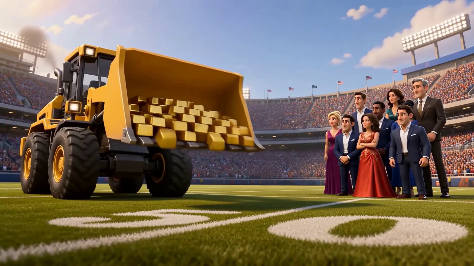 Gold in a truck beside a football field from Wealth Distribution