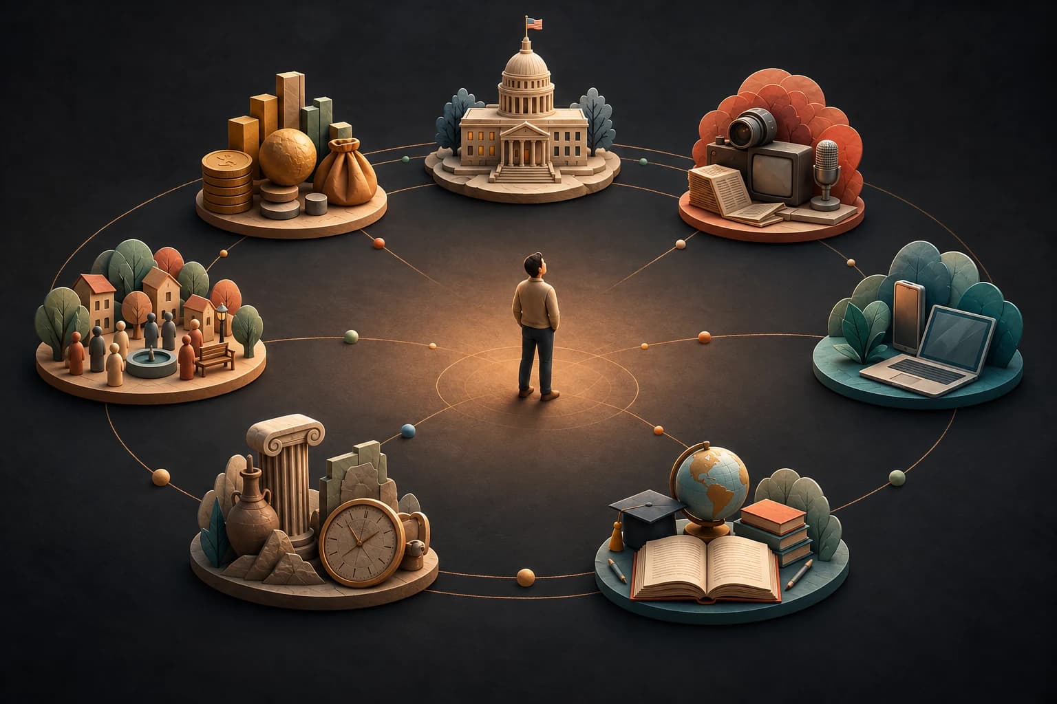 Seven connected subject islands surround a person: money, government, media, technology, society, history, and education