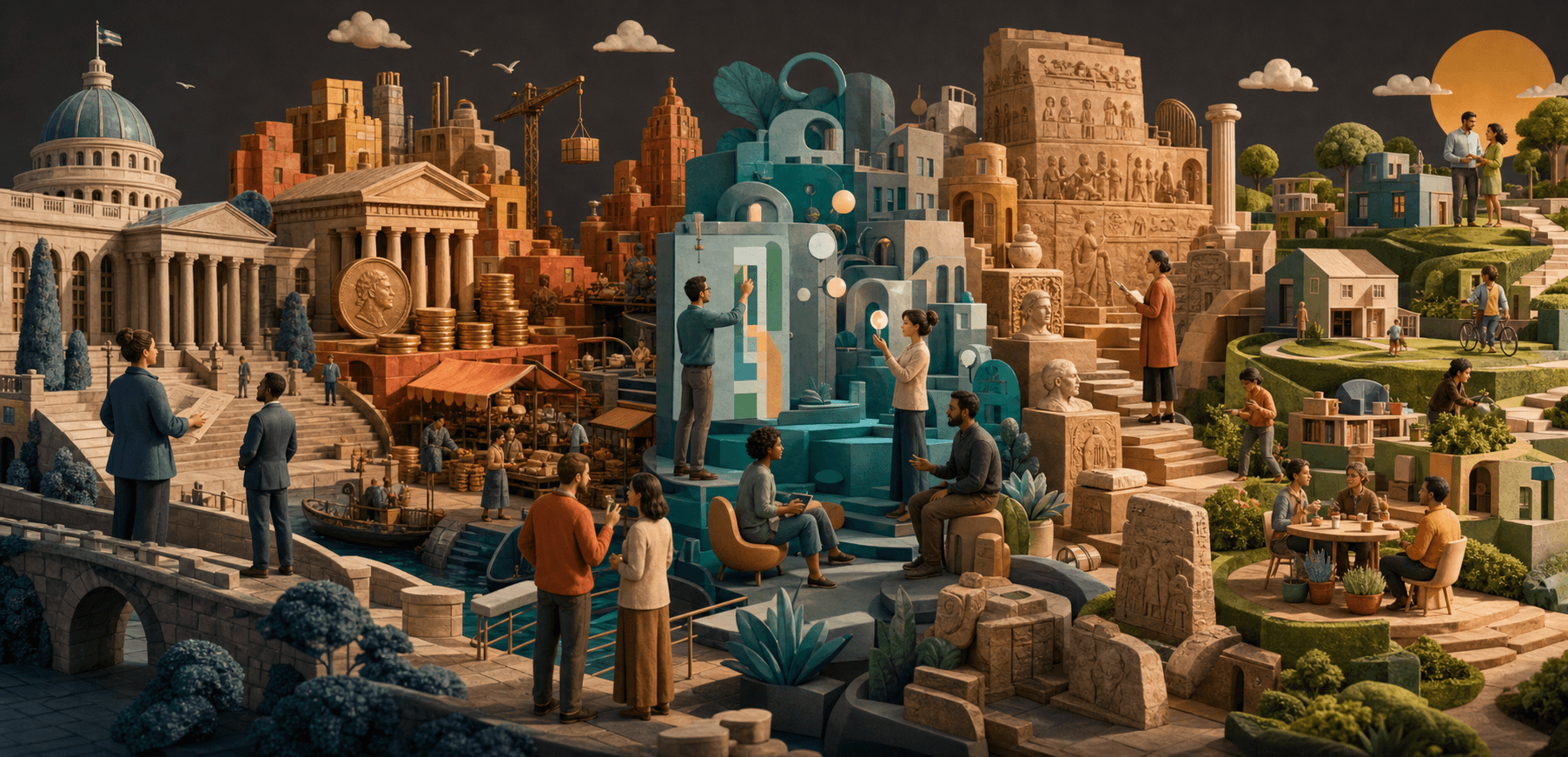 An imagined landscape connecting different visual worlds
